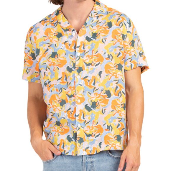 NEW C&C CALIFORNIA Linen Short Sleeve Printed Camp Shirt orange for men 253 - Picture 5 of 5